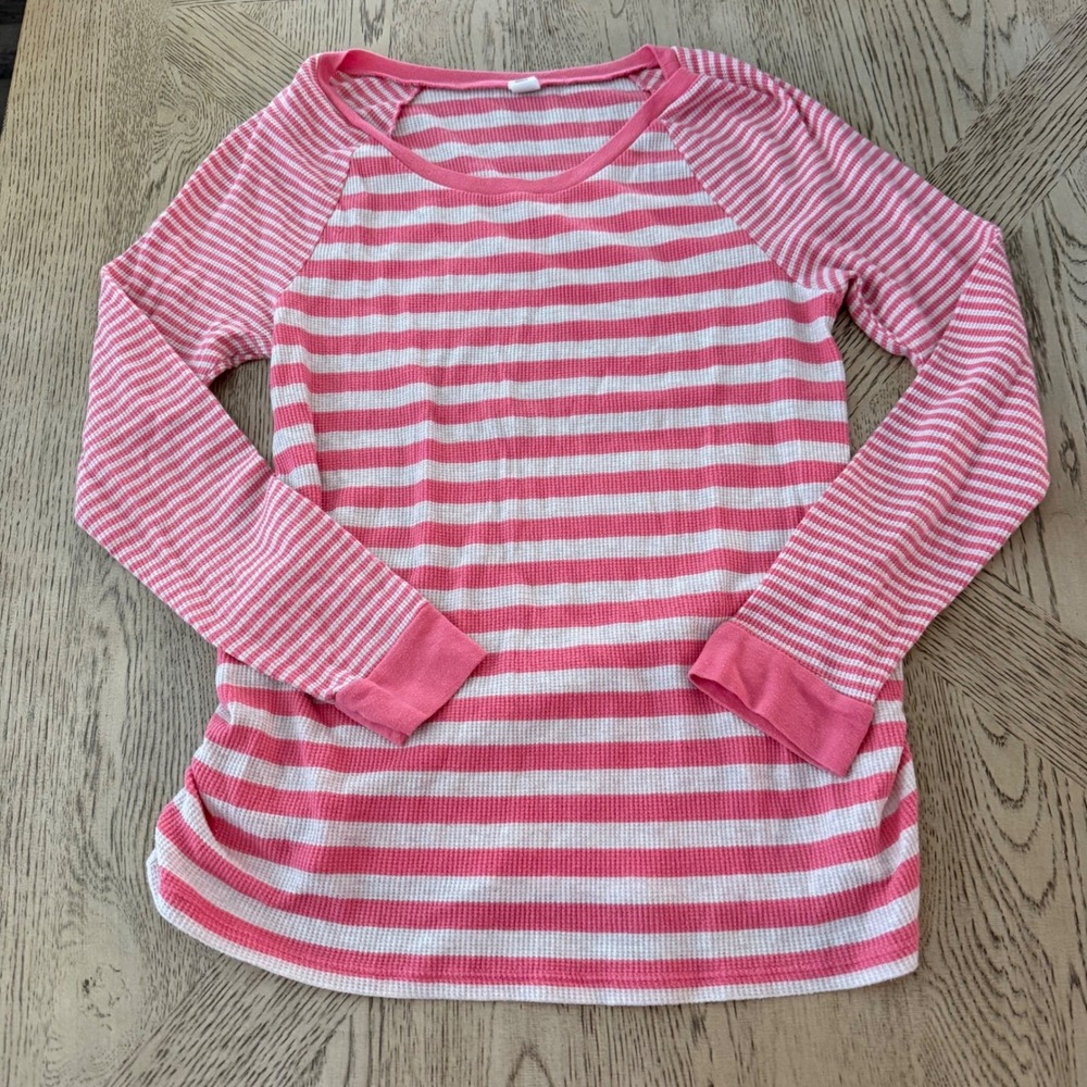 Old Navy Maternity Pink White Striped Waffle Knit Thermal Long Sleeve Top Large